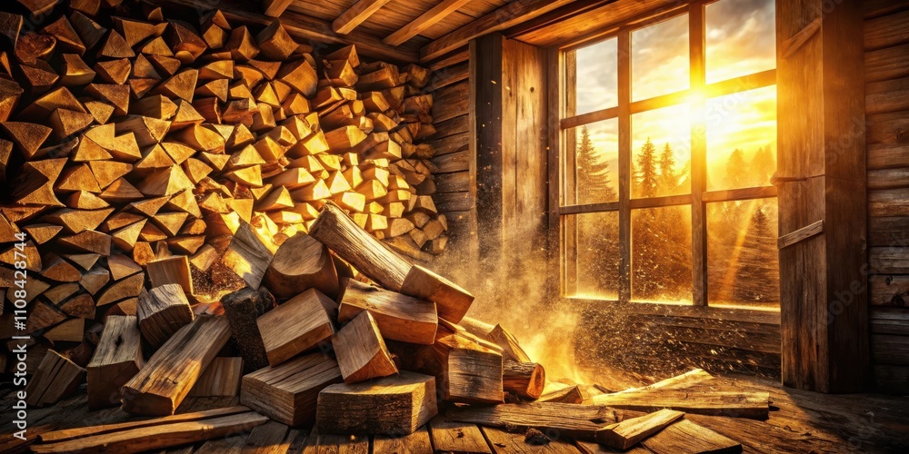 Poster Sunbeams Streaming Through a Window in a Rustic Log Cabin, Illuminating a Pile of Stacked Firewood