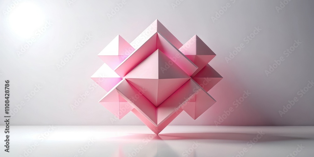 Fototapete a pink geometric form composed of interlocking pyramids on a white surface with a subtle gradient