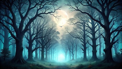 Obraz premium Spooky forest with silhouettes of trees , Halloween, dark, eerie, misty, shadows, mysterious, fog, creepy, haunting, atmosphere