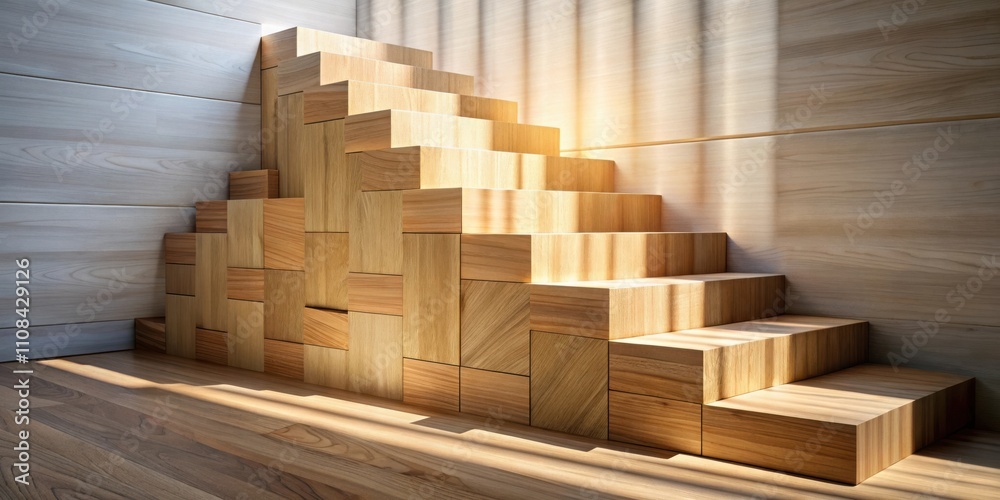 Aufkleber a minimalist staircase crafted from natural wooden blocks bathed in warm sunlight, creating a sense 