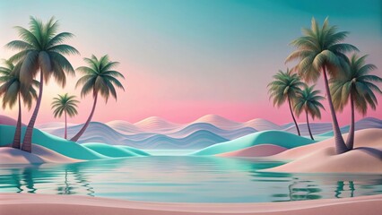 Obraz premium A serene beach scene with palm trees and a tranquil turquoise water. The sky is a gradient of pink and blue, creating a beautiful and dreamy atmosphere.