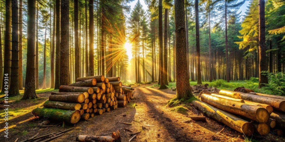 Poster Sunlight Filtering Through Tall Trees In A Dense Forest With A Pile Of Cut Logs