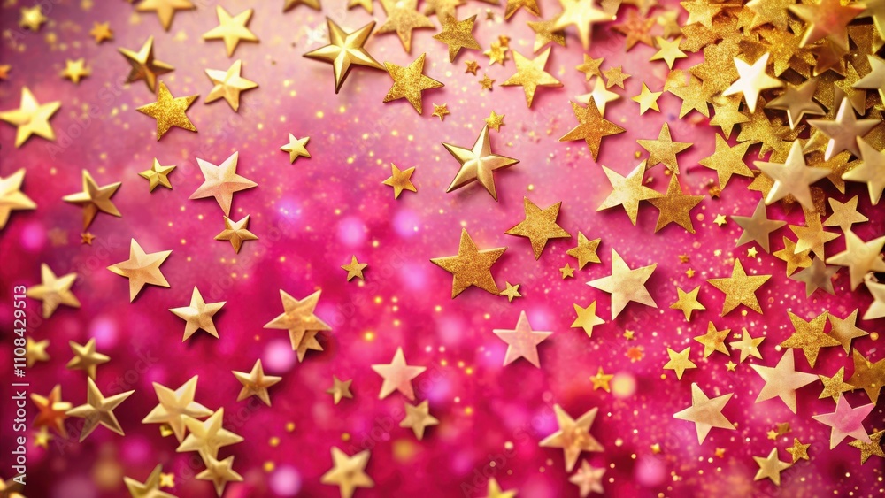 Poster A festive pink backdrop adorned with a dazzling array of golden glitter stars, creating a captivating and celebratory atmosphere.