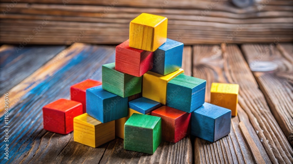 Poster a pile of colorful wooden blocks stacked in a haphazard arrangement on a weathered wooden surface.