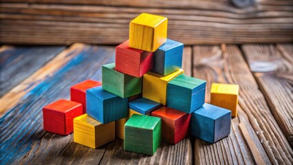 Obraz premium A pile of colorful wooden blocks stacked in a haphazard arrangement on a weathered wooden surface.