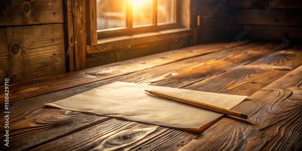 Poster a rustic wooden table with a blank sheet of paper and a pencil, bathed in warm sunlight streaming th