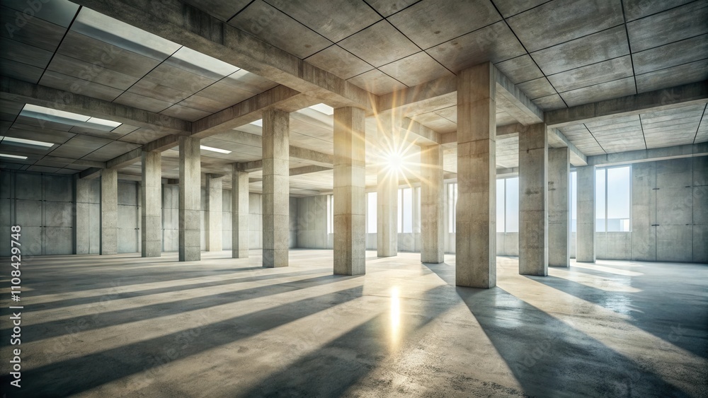 Poster Sunlight streams through the windows of a vast, unfinished concrete structure, casting long shadows on the empty floor