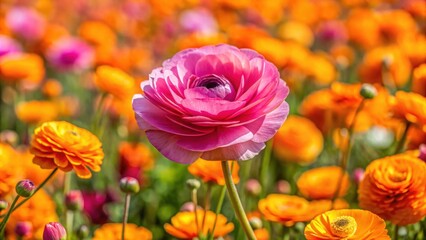 Close up of a pink ranunculus surrounded by orange wildflowers in a California spring field, pink, ranunculus