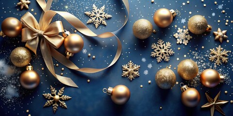 A festive arrangement of golden ornaments, snowflakes, and stars on a deep blue background, creating a celebratory and elegant scene.