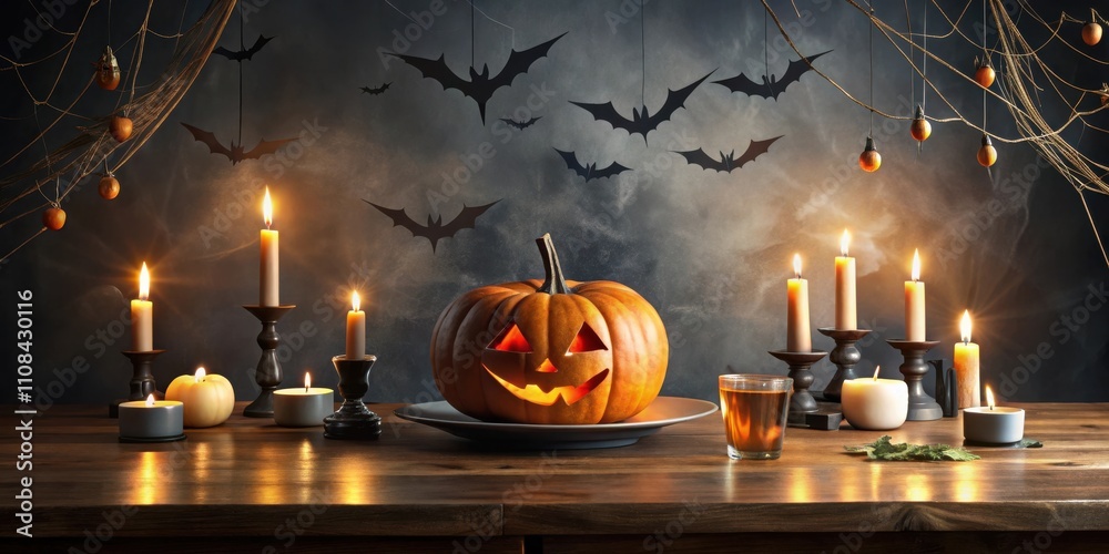 Poster a flickering jack-o-lantern sits on a wooden table surrounded by lit candles and bats hanging from t