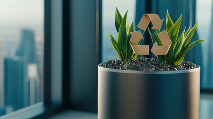 Green plants in modern pot promoting sustainability indoors, featuring recycling symbol. This highlights eco friendly practices in contemporary setting