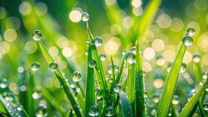 Fototapeta premium Close up photo of crystal-clear dew drops glistening on vibrant green grass blades , dew, drops, water, green, grass, blades