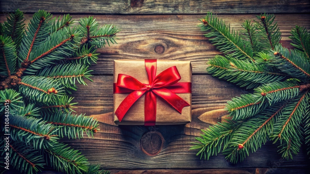 Poster a rustic brown gift box with a bright red ribbon is placed between two green fir branches on a weath