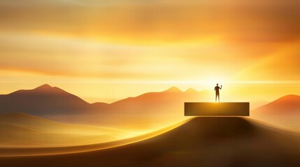 Mountain silhouette with a person standing on a podium, triumphant pose, warm sunset tones highlighting the scene