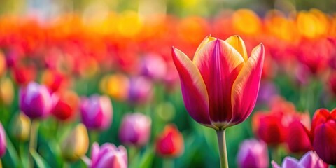 Fototapeta premium Tulip flower bloom on background of blurry tulips in tulip garden, Tulips, flowers, bloom, garden, spring, nature, beauty, colorful