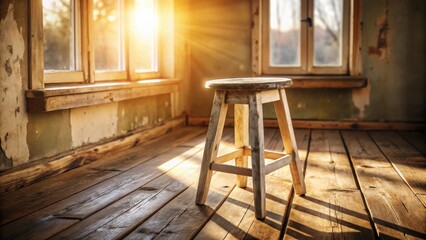 A weathered wooden stool sits in a room with sunlight streaming through the windows, casting long shadows on the worn wooden floor.