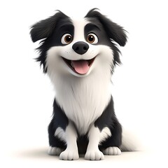 Fototapeta premium Fluffy Black and White Cartoon Dog Sitting Happily on a White Background, Isolated and Smiling with Bright Eyes, Perfect for Pet-Themed Designs and Projects