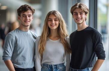 Fototapeta premium Professionals in groups of three are shown at business events, highlighting the importance of communication and teamwork in achieving business success.