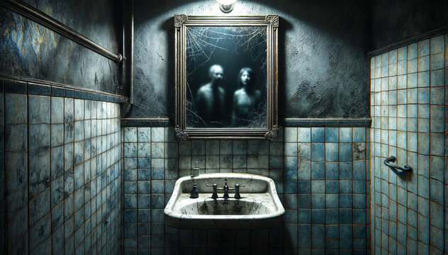 Ghostly reflections in a cracked mirror of an abandoned bathroom - Powered by Adobe