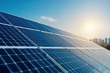 Solar panels capturing sunlight against clear blue sky, showcasing renewable energy technology. sun sets behind city skyline, emphasizing sustainability