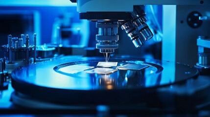 Electronic equipment. Machine for the production of miniature printed circuit boards on a blue background. Equipment that allows operator to control the production process of electronic components.