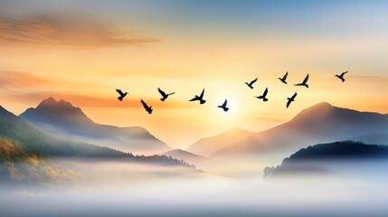 Obraz premium A collection of bird silhouettes soaring above a mountain landscape with a misty sky.