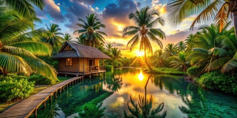 A tranquil tropical paradise with a wooden hut perched above a serene lagoon, golden sunset illuminating the lush palm trees and reflecting on the clear waters