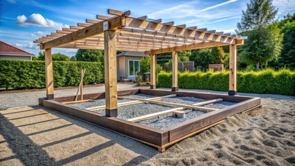 A wooden pergola frame is being assembled over a gravel-filled rectangle, with the frame resting on the surrounding perimeter of wood
