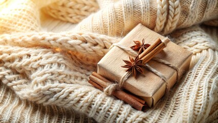 Fototapeta premium A rustic gift box with cinnamon sticks and star anise resting on a cozy knitted sweater.