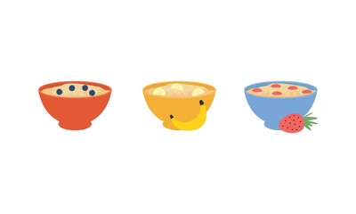 Oatmeal set. Collection of cups of oatmeal porridge with various fruits