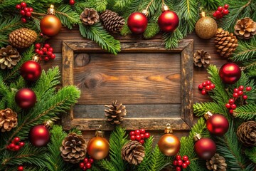 Christmas Portrait Frame, Festive Holiday Decorations, Pine Cones, Ornaments, Greenery, Warm Winter Background, Holiday Photo Template