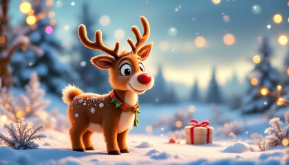 Naklejka premium Cute cartoon reindeer standing in a snowy landscape with festive lights in the background. symbolizing the festive spirit of Christmas and holiday celebrations.