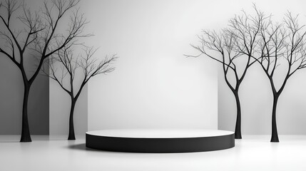 Obraz premium A dramatic collection of bare tree silhouettes in black, modern podium as a centerpiece, high-contrast design