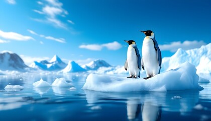Obraz premium A delightful gathering of gentoo penguins on a glistening ice floe, surrounded by stunning blue waters and majestic icebergs, showcasing their playful social behavior in the Arctic.