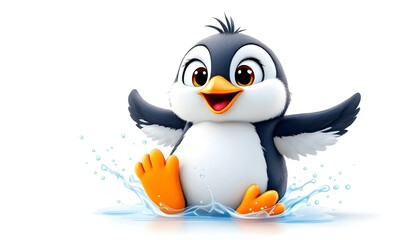 Obraz premium A 2D cartoon illustration of a penguin waddling on ice with snowflakes on a winter scene white background. featuring charming penguins set against the stunning backdrop of the Antarctic scenery