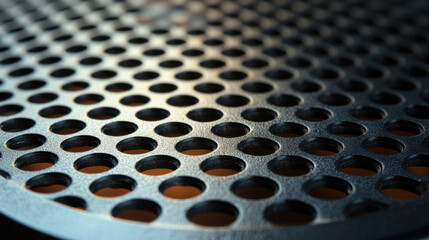 Metal surface with circular perforations, showcasing modern design. interplay of light and shadow creates intriguing visual effect, emphasizing texture and pattern