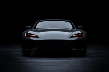 front view of a gray futuristic electric sports car isolated on a dark background