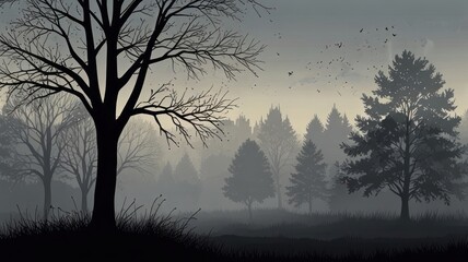 Here's a description and keywords for your image..  Misty autumn forest scene at dawn, bare trees silhouetted against a foggy background, leaves falling.