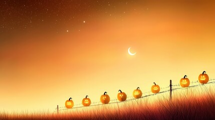 A line of pumpkin silhouettes fading into the distance, set against a twilight sky with stars.