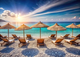 Fototapeta premium Double Exposure: Summer Beach Resort - Pebble Beach, Wicker Parasols, Ocean View