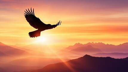 A majestic bird flying silhouette above a mountain range at dawn, symbolizing freedom.