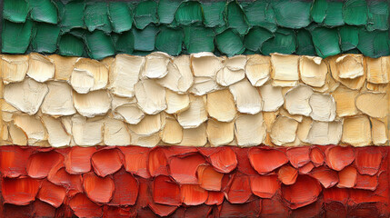Textured abstract painting featuring green, white, and red colors, resembling flag. vibrant strokes create dynamic visual effect, evoking sense of national pride