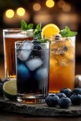 Fototapeta premium Refreshing display, row of iced beverages arranged with assorted ingredients on table, vibrant drink styling, mix of alcoholic and non-alcoholic options, emphasizing chilled refreshment, creativity.