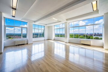 Fototapeta premium Empty Room Aerial Photography: White Wall, Two Windows, High-Angle View, Architectural Photography, Interior Design, Spacious Room, Minimalist Interior