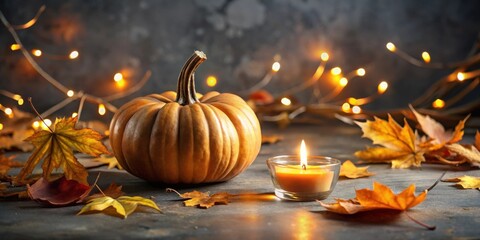 Fototapeta premium A Cozy Autumn Still Life Featuring a Pumpkin, a Burning Candle, and Scattered Fall Leaves Against a Warmly Lit Background