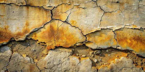 Fototapeta premium A weathered concrete wall, displaying a network of cracks and patches of rust, showcasing the enduring effects of time and the elements.