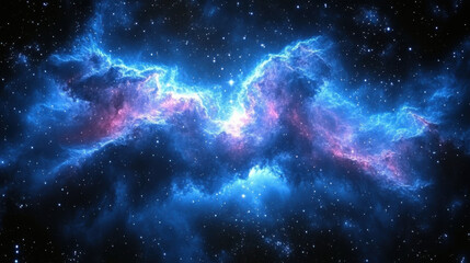 stunning cosmic nebula with vibrant blue and pink hues, surrounded by twinkling stars, creates mesmerizing night sky