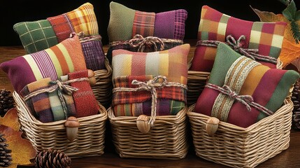 Obraz premium Cozy autumn decor inspiration home decorative cushions warm indoor environment close-up view seasonal comforts