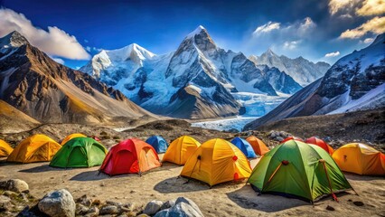 Everest Base Camp Camping: High Altitude Colorful Tents, Stunning Himalayan Views, Deep Depth of Field Photography