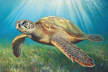 Fototapeta premium A vibrant illustration of a sea turtle swimming gracefully underwater.